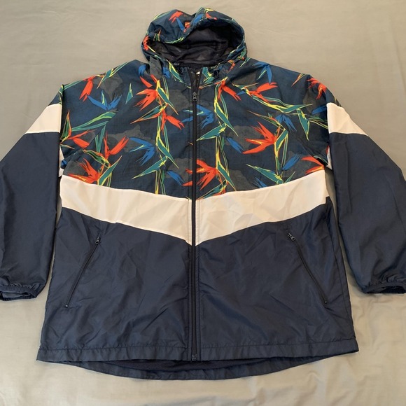 Russell Athletic Other - Russell Jacket Mens 2XL Blue Tropical Floral Hooded Windbreaker Zip Pockets
